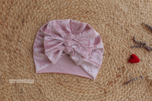Baby turban hat, velvet, lilac, 9-12 months size, pink, bows, RTS