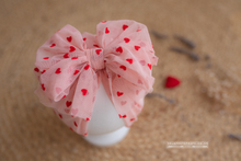 Baby turban hat, Valentine's, 9-12 months size, heart, bow, pink, RTS