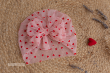 Baby turban hat, Valentine's, 9-12 months size, heart, bow, pink, RTS