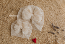 Baby turban hat, beige tulle, dot, big bow,  RTS
