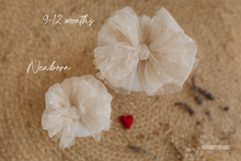 Baby turban hat, beige tulle, dot, big bow,  RTS