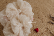 Baby turban hat, beige tulle, dot, big bow,  RTS