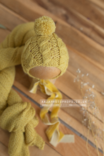 Baby newborn bonnet with velvet ties and extra long wrap set, yellow, RTS