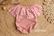 Baby 9-12 months size girl boho romper, frilly, dusty pink, hearts, Valentine, RTS