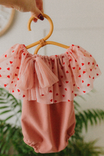 Baby 9-12 months size girl boho romper, frilly, dusty pink, hearts, Valentine, RTS