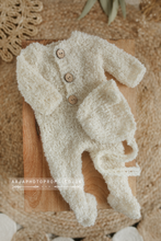 Baby newborn knitted romper and bear bonnet, Cream off white, Made to order