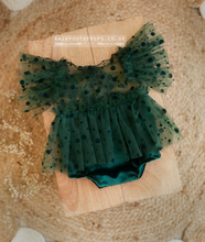 Baby girl romper, green velvet, frilly, dot, made to order
