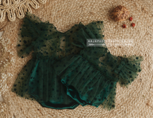 Baby girl romper, green velvet, frilly, dot, made to order