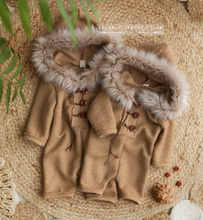 6-9 months sitter romper, beige brown, faux fur, hooded, eskimo, RTS