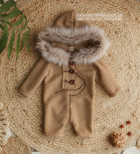 6-9 months sitter romper, beige brown, faux fur, hooded, eskimo, RTS