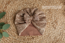 Baby newborn turban hat, sparkly, brown beige, gold, RTS
