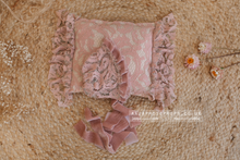 Newborn Posing lace pillow, bonnet with velvet, set, pink, RTS