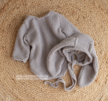 6-12 months size romper and bunny bonnet, brown, grey, pink,  fluffy , made to order