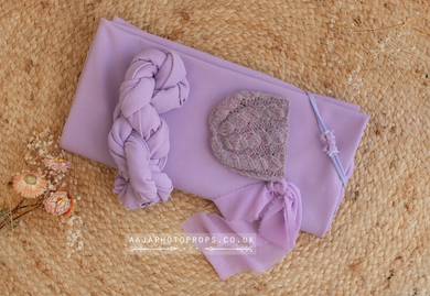 Stretch fabric backdrop, tieback, wrap, bonnet bundle, newborn, lilac, RTS