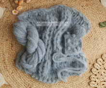 Knitted chunky layer, wrap and bonnet set, fluffy soft, blue, pom pom, made to order
