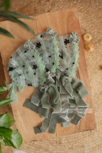 Newborn baby lace bonnet, sage green, with velvet ties, RTS