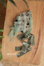 Newborn baby lace bonnet, sage green, with velvet ties, RTS