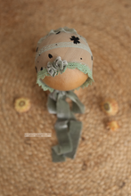 Newborn baby lace bonnet, sage green, with velvet ties, RTS
