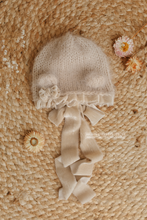 Beige baby newborn bear bonnet, With velvet ties and bow, made to order