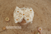 Baby newborn turban hat, Cream lace, daisy flowers, RTS