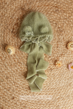 Warm sage green baby newborn bear bonnet, With velvet ties and bow, made to order