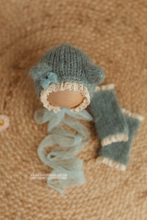 Baby newborn bear bonnet leg warmers set, sage green, lace, made to order