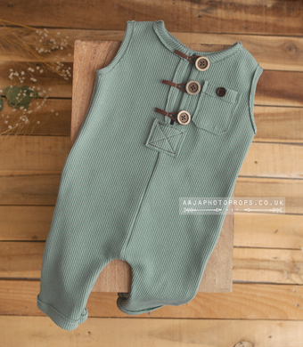 9-12 months size baby romper, old dusty green blue, made to order