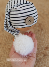 Baby newborn striped sleepy hat, white, black, pom pom, RTS