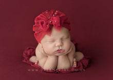 Baby turban hat, newborn, green, gold beads, bow, made to order
