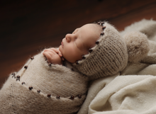 Baby newborn knitted beaded wrap and bonnet, cream, boho, made to order