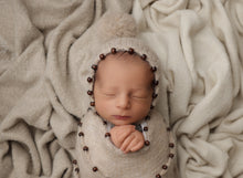 Baby newborn knitted beaded wrap and bonnet, cream, boho, made to order