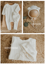 Baby newborn bear bonnet and romper, off white, cable, pyjama, made to order