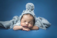 Knitted chunky layer, wrap and bonnet set, fluffy soft, blue, pom pom, made to order