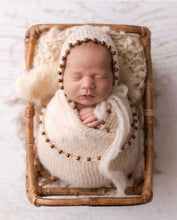 Baby newborn knitted beaded wrap and bonnet, cream, boho, made to order
