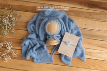 Baby newborn bunny bonnet, wrap, tieback set, blue, made to order