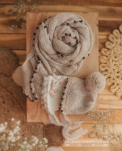 Baby newborn knitted beaded wrap and bonnet, cream, boho, made to order