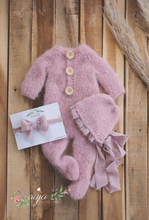 Baby newborn footed romper, bonnet, tieback set,  pink, blush, velvet, made to order