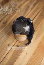 Baby newborn sleepy hat, knot, black, blue, silver stars, Christmas, halloween, RTS