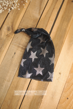 Baby newborn sleepy hat, knot, black, blue, silver stars, Christmas, halloween, RTS