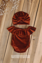 Newborn turban hat and romper set, velvet, burnt orange, teal, bows, made to order