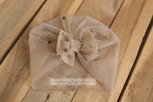 Baby turban hat, pearl, newborn, beige, gold, bow, RTS