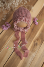 Baby newborn bonnet and knitted wrap set, pale rose pink, Velvet ties, made to order