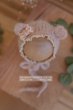 Baby newborn knitted romper and bear bonnet set, dusky blush pink, made yo order