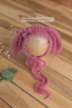 Baby newborn knitted pyjama romper and bunny bonnet, pink, raspberry, made to order