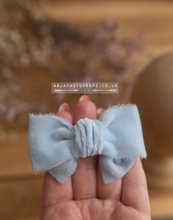 Baby newborn bonnet with velvet, romper, tieback, bauble bonnet set, light dusty blue, made to order