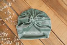 Baby turban hat, velvet, newborn, sage green, bow, RTS