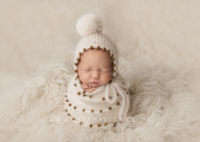 Baby newborn knitted beaded wrap and bonnet, cream, boho, made to order