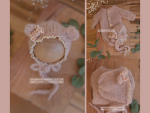 Baby newborn knitted romper and bear bonnet set, dusky blush pink, made yo order