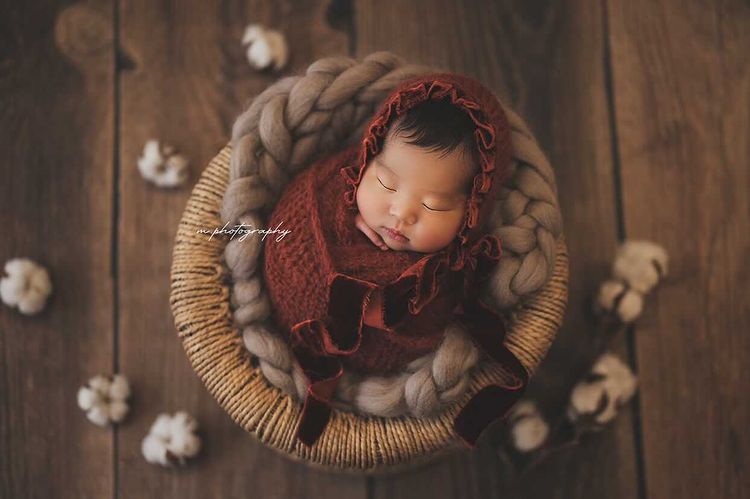 Baby newborn bonnet with velvet details, wrap, set, orange, rust, made to order