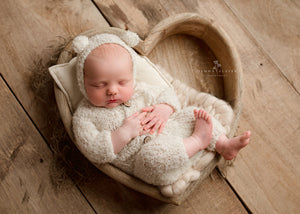 Baby newborn knitted romper, bear bonnet, wrap bundle, Cream off white, Made to order